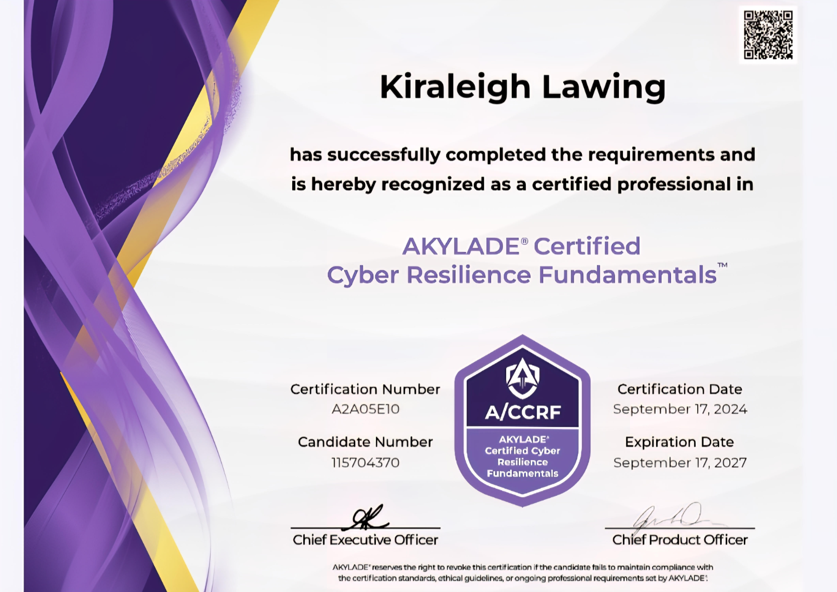 AKYLADE Cyber Resilience Fundamentals certification badge